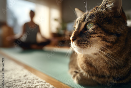 Close up tabby cat watching woman meditate at home representing mindfulness