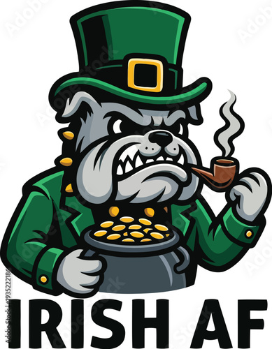 A stylized bulldog dressed as a leprechaun, wearing a green hat and jacket, holding a pipe, and standing next to a pot of gold, symbolizing Irish culture and luck.