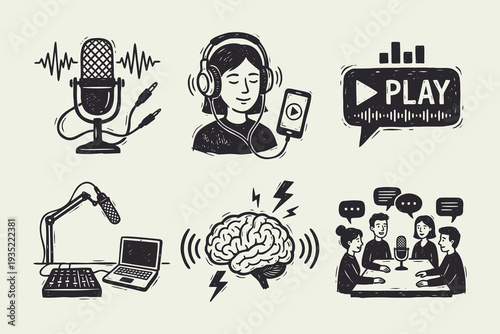 Hand-Drawn Podcast and Audio Content Doodle Icon Set