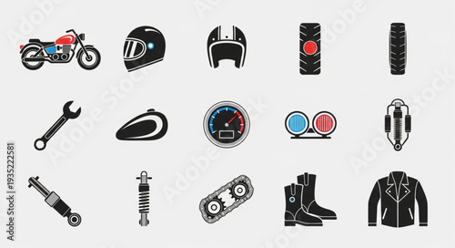Collection of motorcycle parts and accessories icons.