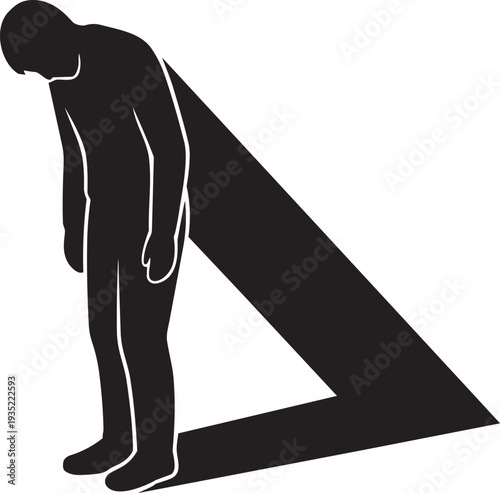 A man standing with his head down and a large shadow behind him isolated on transparent background, Vector
