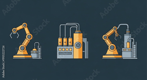 Industrial robotic arms and factory illustration.