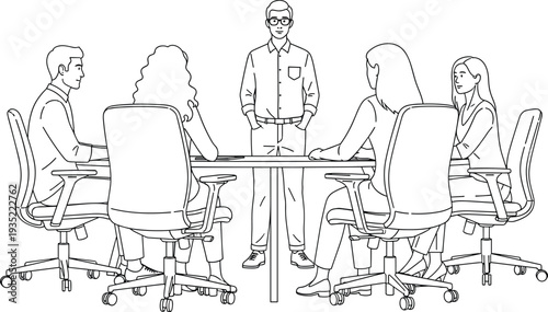 Business team meeting discussion around conference table office teamwork vector illustration line art