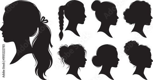 Various female hair silhouettes featuring ponytails buns and flowing hair styles for beauty salon branding hair care products and fashion illustration design elements.