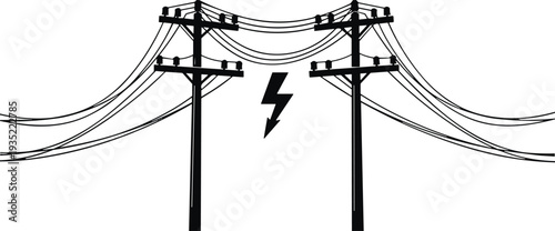 Electric power transmission poles silhouette, high voltage lines with lightning symbol, electricity grid infrastructure energy distribution vector illustration