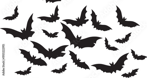 Black Bat Silhouettes Flying on White Background