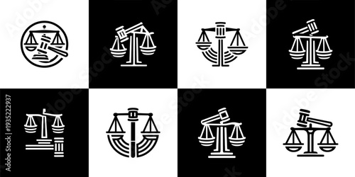 Icon Set Vector of 8 Stylized Justice Scales Circular Base