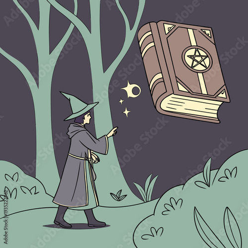 Enchanted forest witch summons ancient spellbook with mystical glowing energy, fantasy illustration