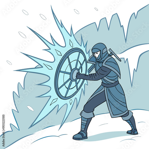 Ice warrior with shield defending against frozen blast, winter combat, fantasy character in snow