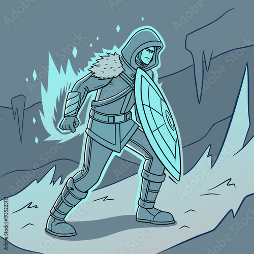 Stealthy ice warrior with glowing shield in a frozen cave, fantasy concept art, winter survival