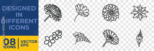 A collection of 8 minimalist, flat vector icons featuring diverse floral and plant designs in black and white, ideal for graphic projects.