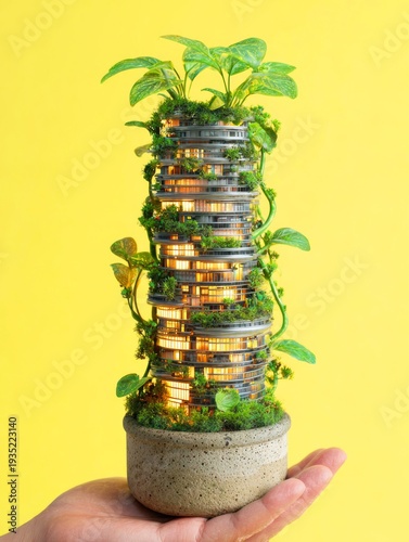 Macro Shot of a Hand Holding a Potted Plant Growing into a Sustainable Miniature City Building