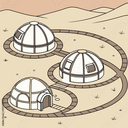 Three geodesic dome structures connected by pathways in a serene desert landscape under a soft sky.