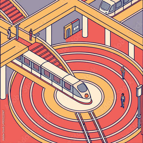 Busy futuristic subway station with a high-speed train arriving at the central platform.