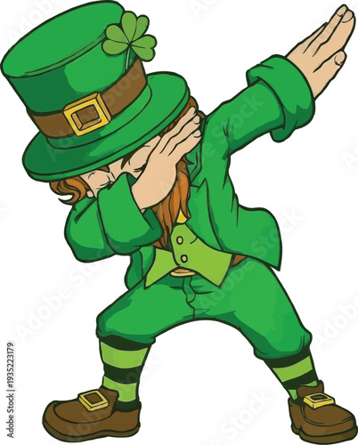 A cartoon leprechaun dressed in a green suit and hat, performing a popular dance move known as "dabbing", celebrating Saint Patrick's Day with a whimsical and festive pose.