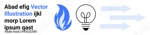 Innovation, energy, inspiration, creativity, sustainability, progress. A blue flame, light bulb and arrows pointing right. Innovation and energy concept with elements of progress and creativity