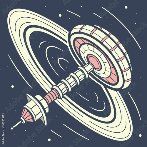 Retro Sci-Fi Space Station with Orbital Rings in Deep Space - Cosmic Exploration and Future Technology Concept