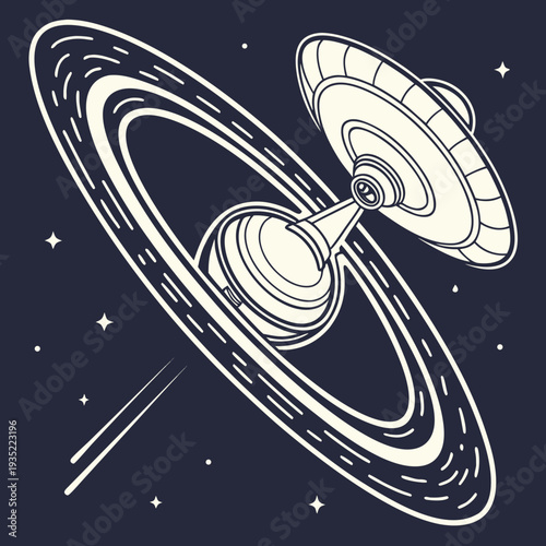 Futuristic space station orbiting a ringed planet in deep space, rendered in a minimalist linework style.