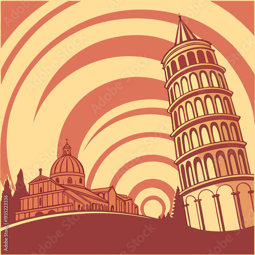 Pisa Cathedral and Leaning Tower in Italy with Stylized Sunburst Background, Travel and Architecture Art