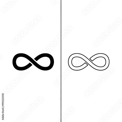 Set of infinity symbols, one solid black and one outlined, on a white background. Minimalist design concept.