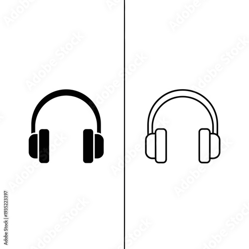 Set of headphone icons, one solid black and one outlined, for music, audio, or podcasting.