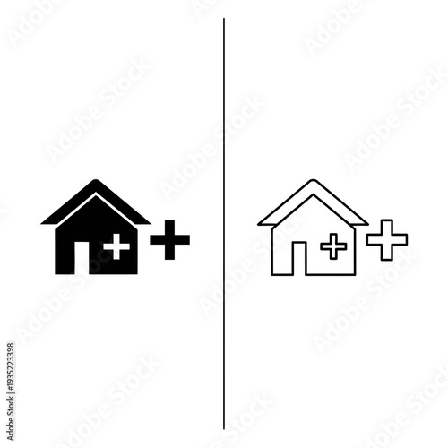 Vector illustration of a house with a plus sign, in solid black and outline. Symbolizing healthcare, additions, or services.