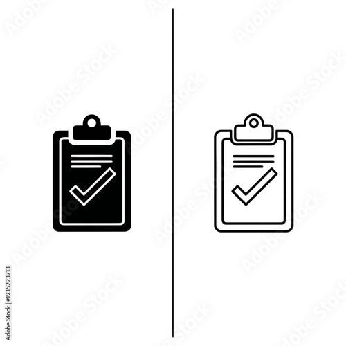Checklist with checkmark icon. To-do list confirmation, task completion, or survey results, isolated vector graphic in solid and outline styles.