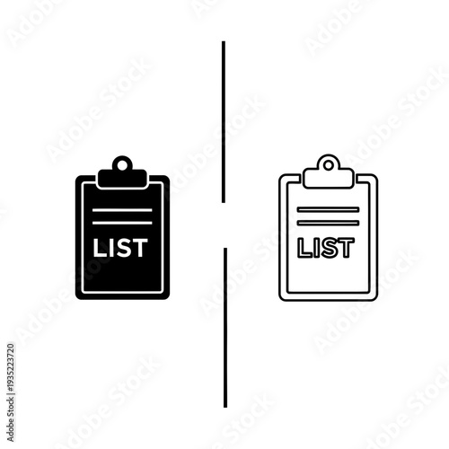 Clipboard with 'LIST' text, solid and outline vector icons representing tasks, checklist, or organization.
