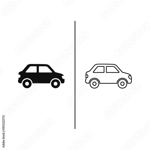 Car icon in solid black and outline. Simple vector graphic of a sedan representing transportation, travel, vehicle, or auto industry.