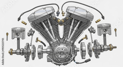 Motorcycle V Twin Engine Disassembled Parts.