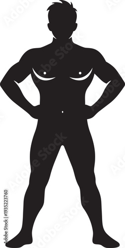A black silhouette of a muscular man with his hands on his hips isolated on transparent background, Vector