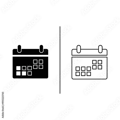 Calendar icon in solid and outline styles. Depicts days of the week, representing planning, scheduling, dates, and time management.