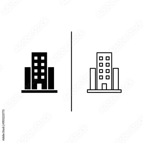 Simple building icon in solid black and outline versions, representing corporate office or apartment block