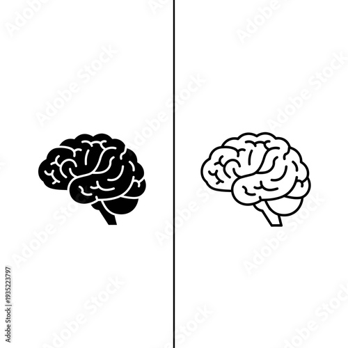Brain icon in solid black and outline, representing intellect, mind and intelligence