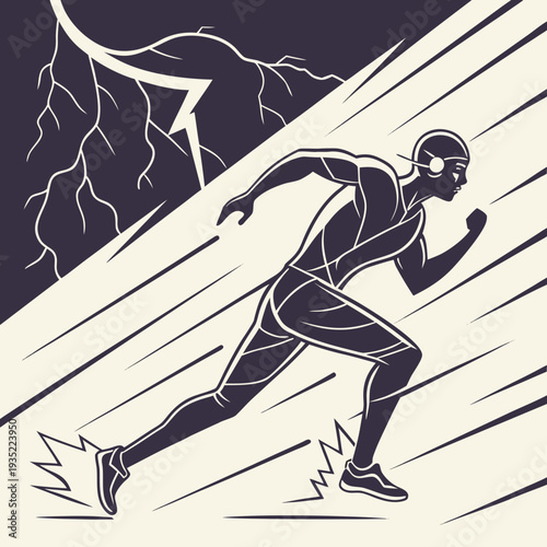 Silhouette of a determined runner against a dark, lightning-streaked sky, embodying speed, power, and overcoming obstacles.