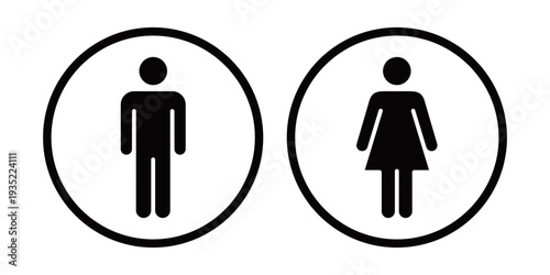 丸枠の男子トイレ・女子トイレ・モノクロ案内サインアイコン (ベクター)