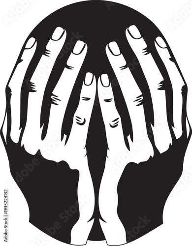 A black and white image of hands covering a face isolated on transparent background, Vector