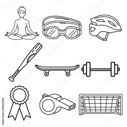Collection of various sports and recreational equipment line icons in a white background