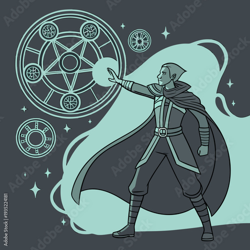 Male sorcerer conjuring a magical circle and glowing ball of energy, outlined illustration with teal and dark grey tones.