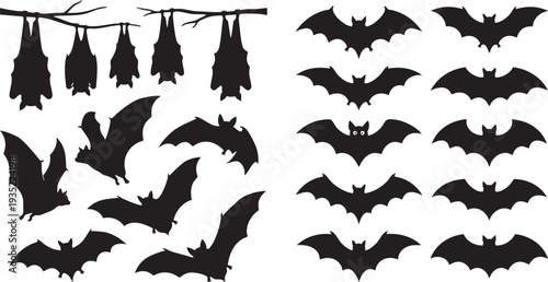 Black Bat Silhouettes Set Flying and Hanging Bats for Halloween