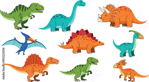 Colorful Dinosaur Collection with T Rex, Triceratops, Stegosaurus and Pterodactyl Cartoon Vector Illustration Set