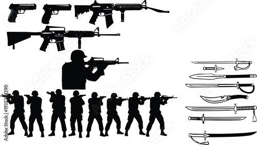 Military weapons silhouettes set, soldiers aiming rifles pistols knives swords, tactical combat firearm collection vector illustration isolated army defense icon