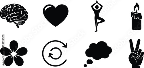 Mind wellness icons set, brain heart yoga meditation candle flower peace symbol vector illustration mental health concept