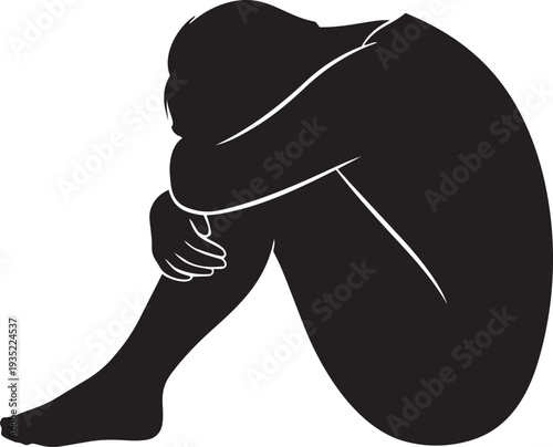 A person sitting alone in a contemplative or depressed state isolated on transparent background, Vector