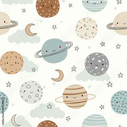 Playful Cosmic Wallpaper with Smiling Planets and Stars