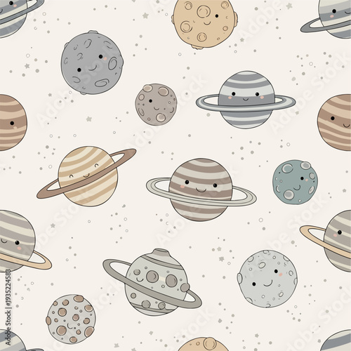 Pastel Solar System Illustration with Happy Little Worlds