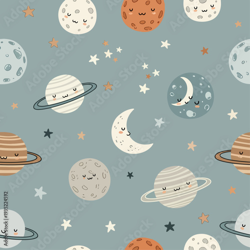 Adorable Space Pattern with Smiling Ringed Planets