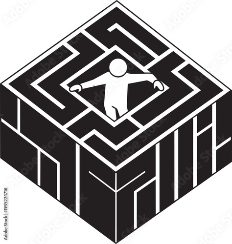 A person trapped in a maze on top of a cube isolated on transparent background, Vector