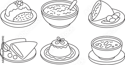 Hand drawn set of food icons and vector illustrations featuring coffee, pizza, and sweet dessert cakes for a restaurant cafe menu design