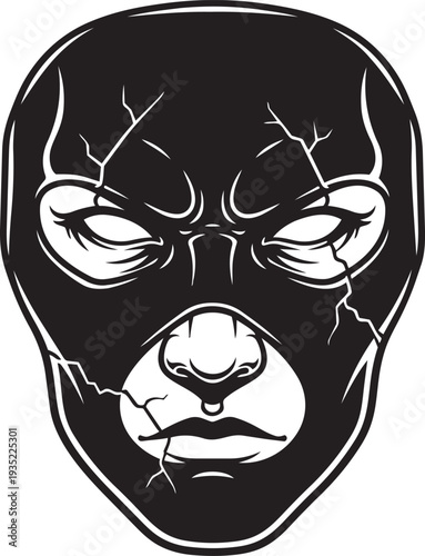 A black and white illustration of a broken wrestler mask isolated on transparent background, Vector